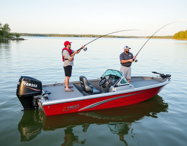 Two men fishing on a G3 Angler fishing boat equipped with a Yamaha motor in a serene lake surrounded by trees