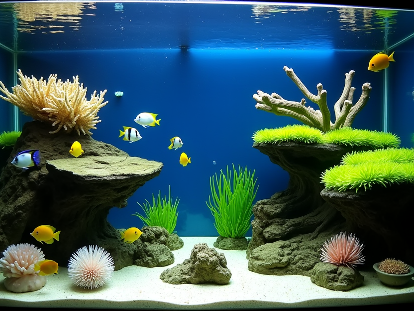 Vibrant aquarium with colorful fish, realistic decorations, and lush aquatic plants.