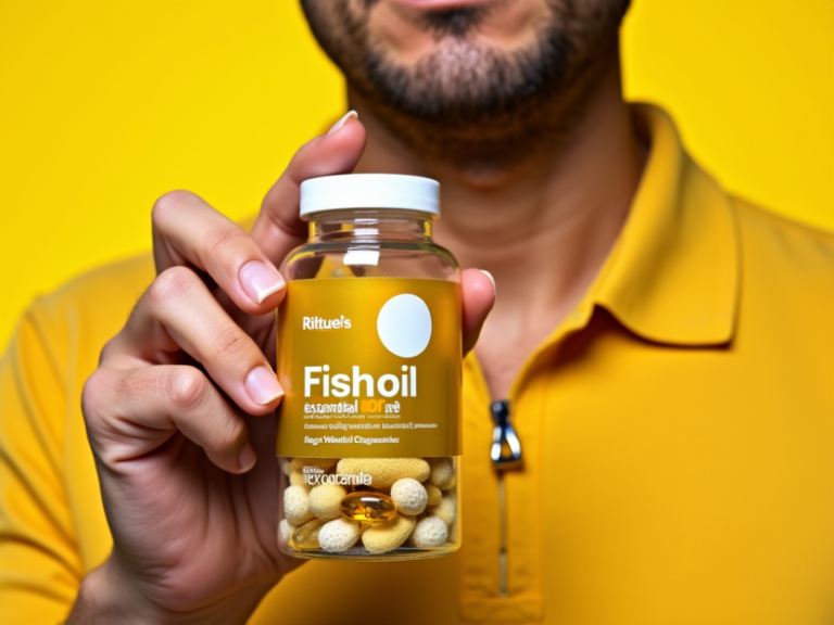 Close-up of a man holding a bottle of Best Fish Oil Supplements for Men multivitamins in front of a yellow background.