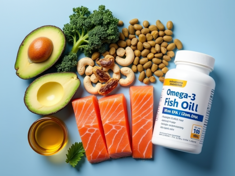 Healthy foods rich in omega-3 fatty acids, including salmon, avocado, walnuts, kale, and a bottle of Omega-3 fish oil supplements