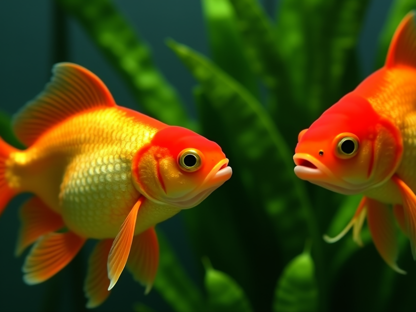 Two vibrant goldfish in a clean aquarium with lush green plants in the background.