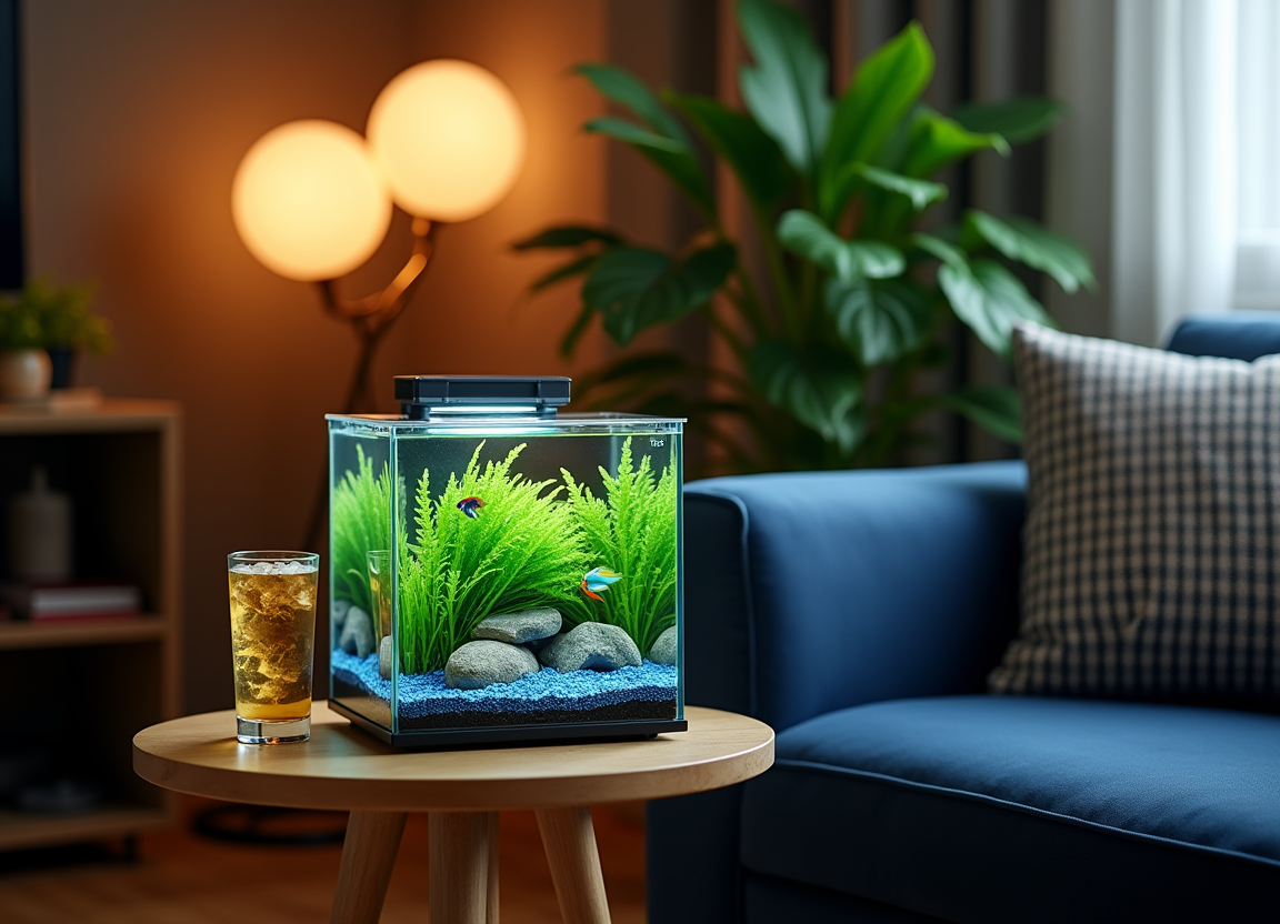 Modern 5-gallon fish tank with vibrant green plants, colorful fish, and blue gravel, placed on a wooden table in a cozy living room.