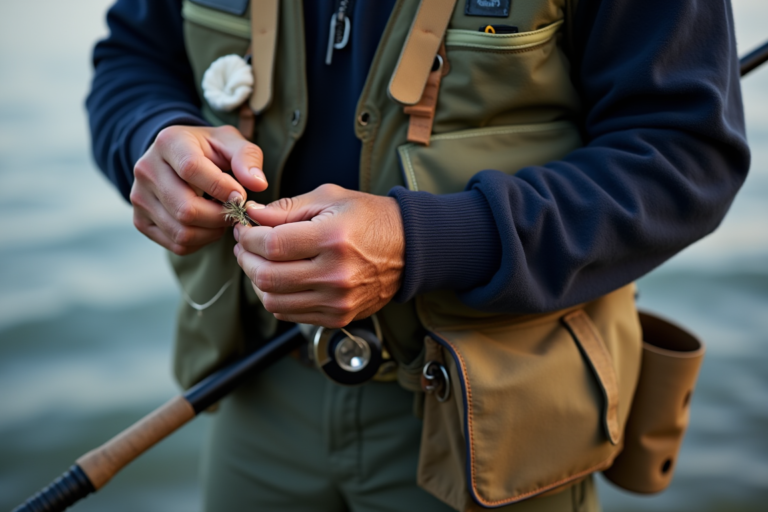 Close-up of an angler tying a fishing knot on a fishing rod while standing near a lake, wearing a fishing vest and outdoor gear