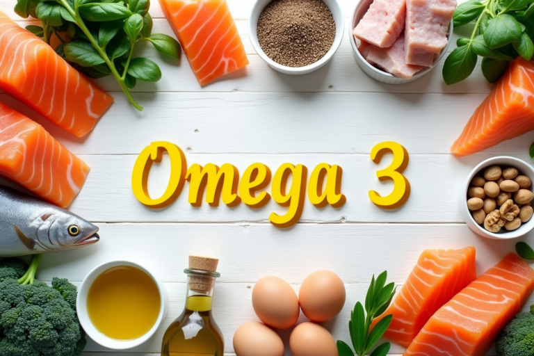 Healthy food sources of Omega-3 including salmon, fish, walnuts, eggs, broccoli, and oil arranged around the words Omega 3 on a white wooden background.