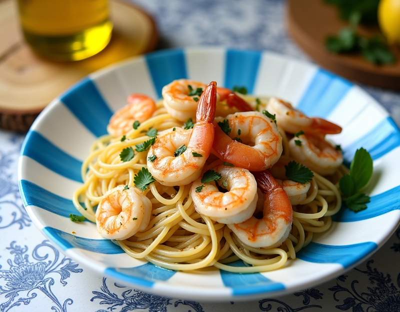 Shrimp Scampi with Linguine on a Blue Striped Plate