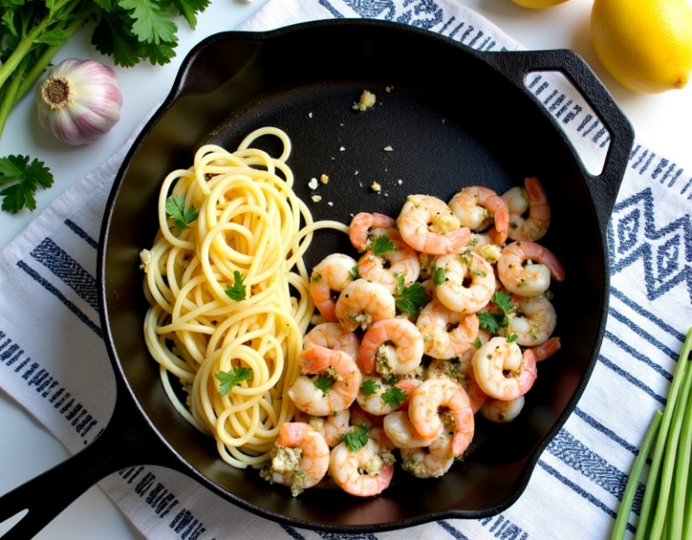 Cast iron skillet with shrimp and spaghetti garnished with parsley, surrounded by fresh parsley, sliced lemons, and garlic on a blue and white patterned cloth